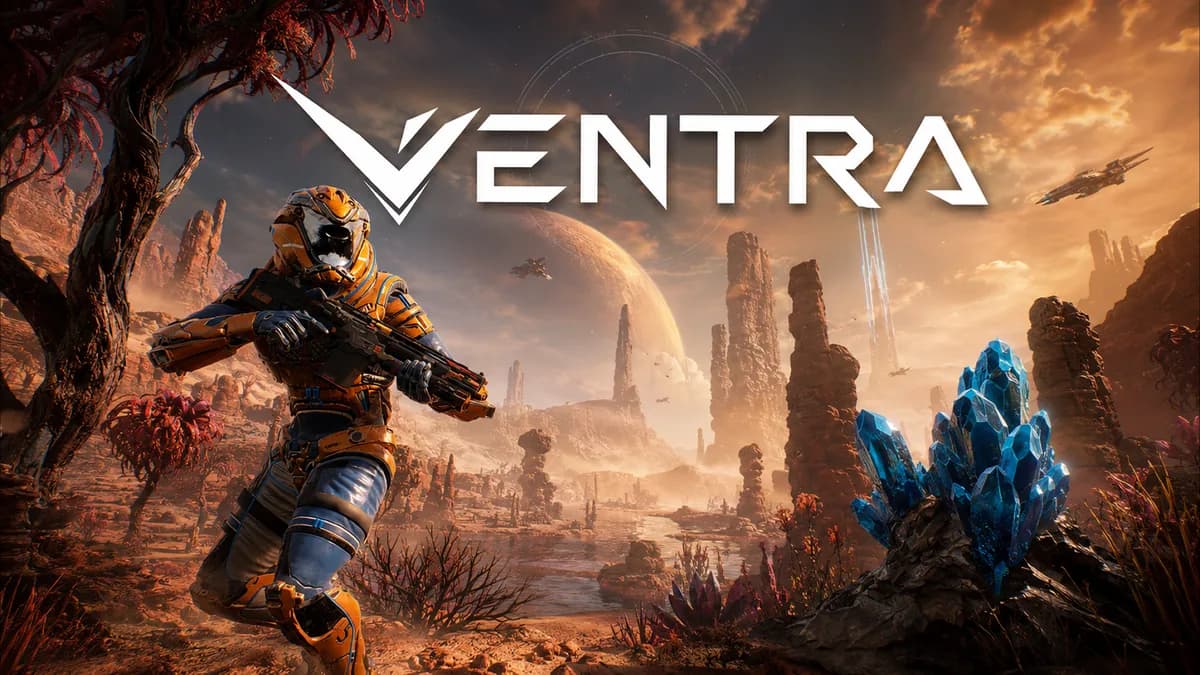 Ventra: an armoured explorer crossing red alien scrub towards distant spires, under the Ventra wordmark.