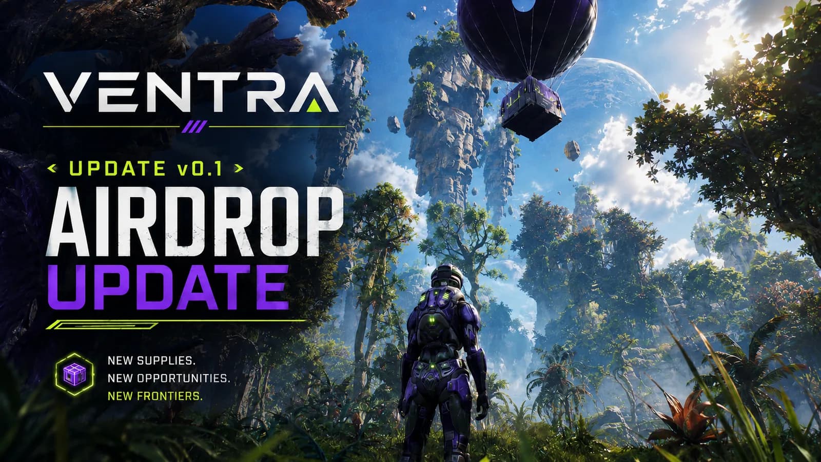 Ventra: an armoured explorer crossing red alien scrub towards distant spires, under the Ventra wordmark.